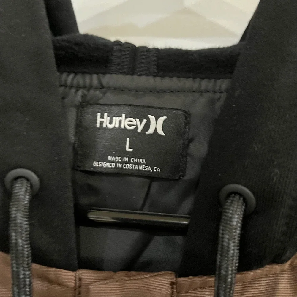 Hurley Mens Quilted Hooded Shirt Jacket Brown Black Snap Front Size Large